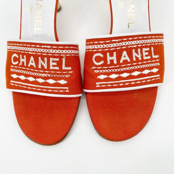 Chanel Vintage Orange Canvas Embroidered Kitten Heel Mule Slide Sandal EU 39 - Picture 7 of 13